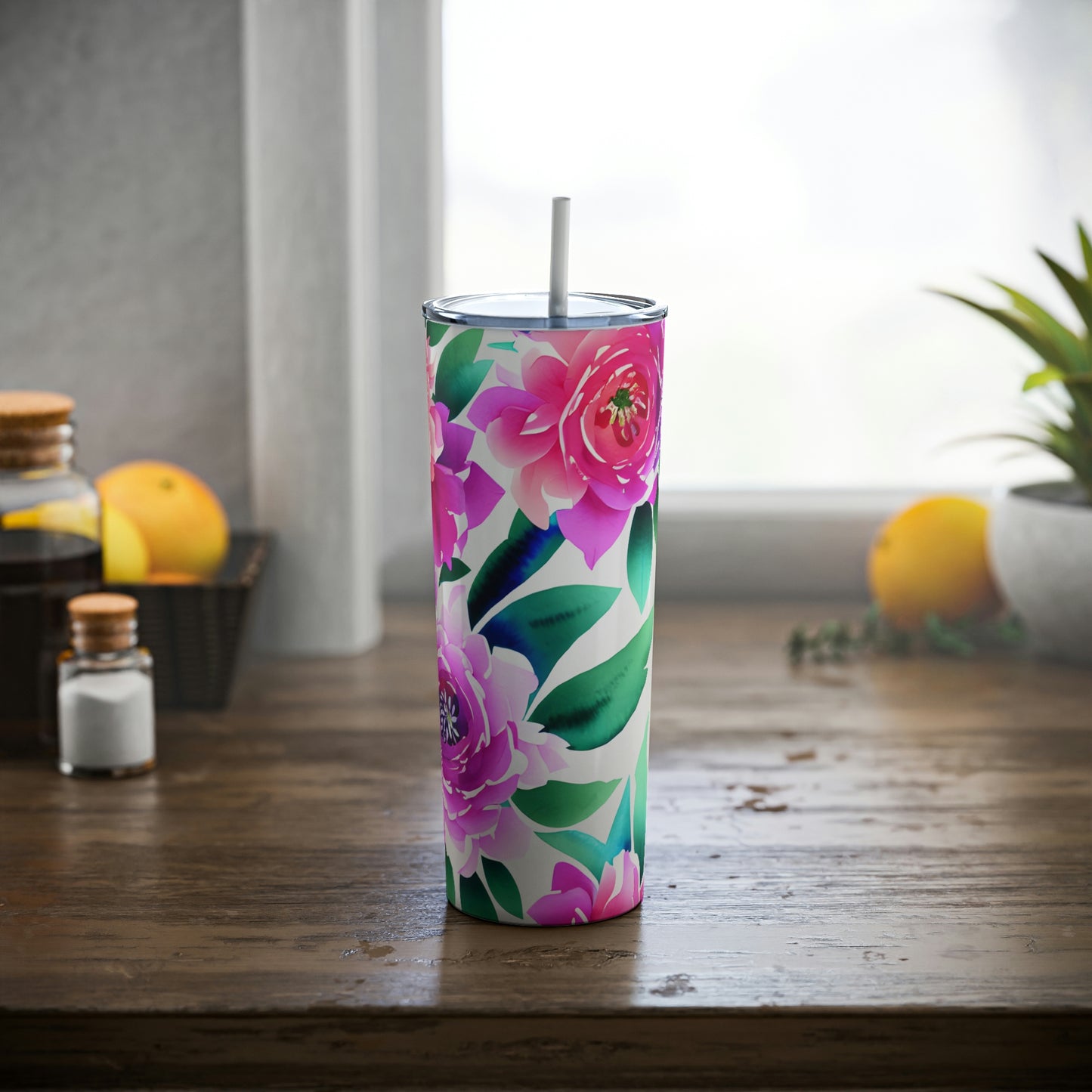 Tropical Floral Skinny Steel Tumbler with Straw