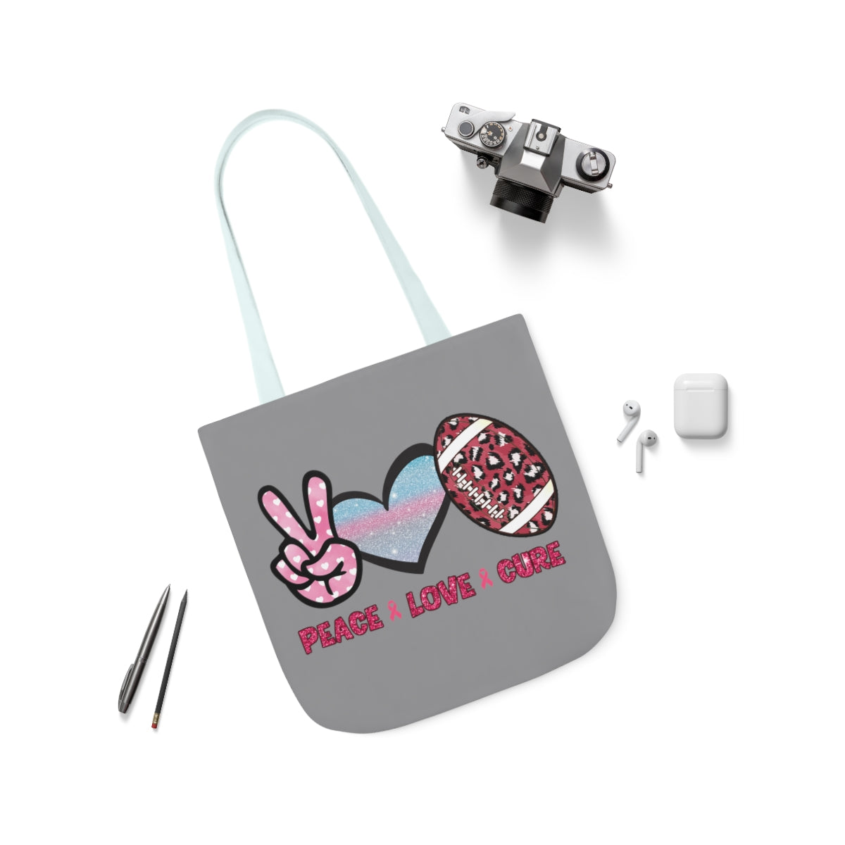 Peace Love Cure Canvas Tote Bag| Breast Cancer Tote Bag