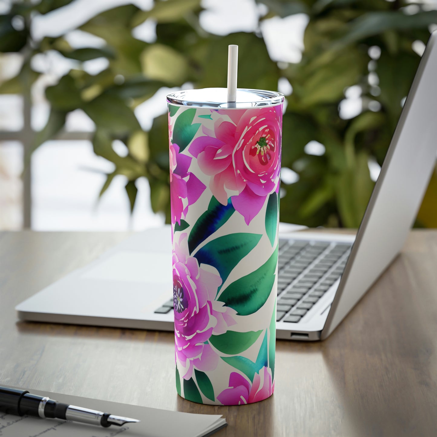 Tropical Floral Skinny Steel Tumbler with Straw