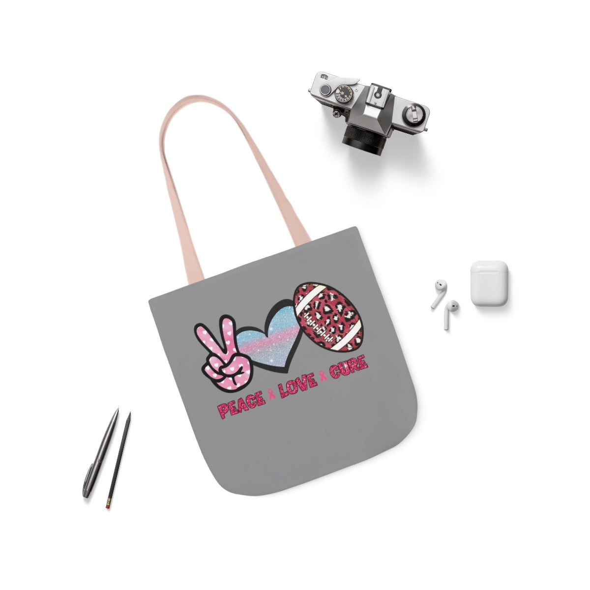 Peace Love Cure Canvas Tote Bag| Breast Cancer Tote Bag