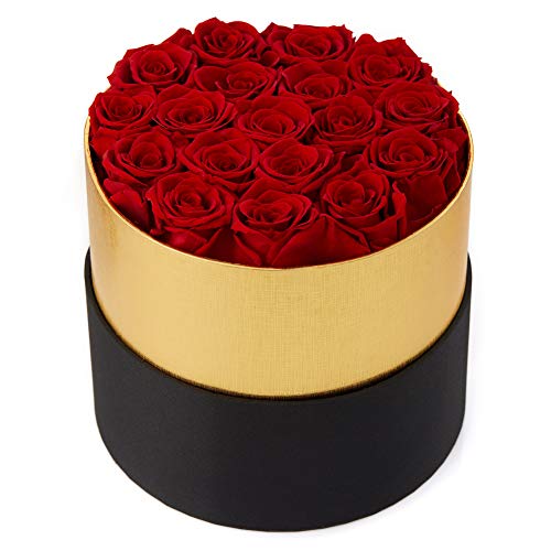 Real Roses Handmade Preserved Roses in a Box That Last a Year Gift for Her (Round Black Box, 18 Red Roses)