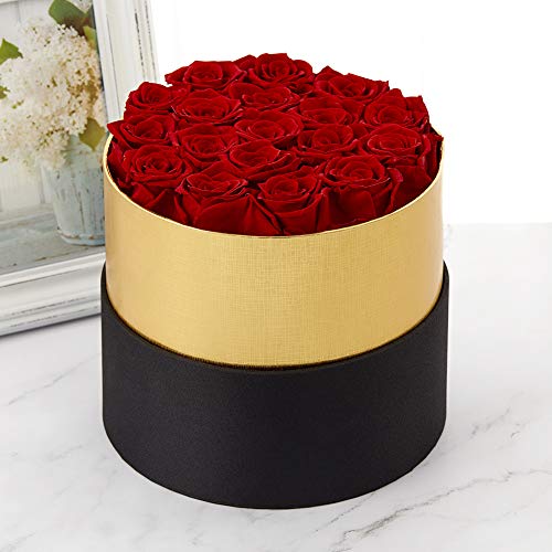 Real Roses Handmade Preserved Roses in a Box That Last a Year Gift for Her (Round Black Box, 18 Red Roses)