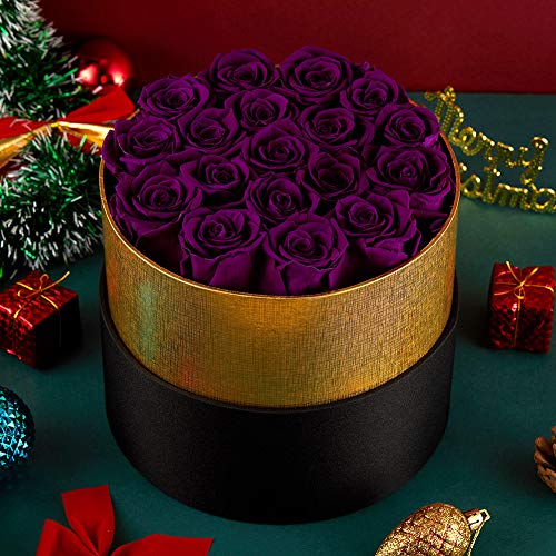 Real Roses Handmade Preserved Roses in a Box That Last a Year Gift for Her (Round Black Box, 18 Red Roses)