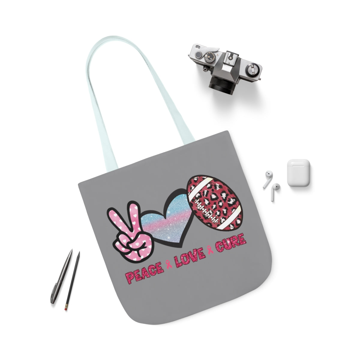 Peace Love Cure Canvas Tote Bag| Breast Cancer Tote Bag