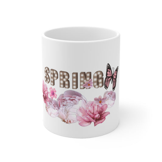 Spring and Pink Flowers White Ceramic Mug-Springtime-Butterfly Mug-Phrase Mug-Savage Mug-Gift for Her