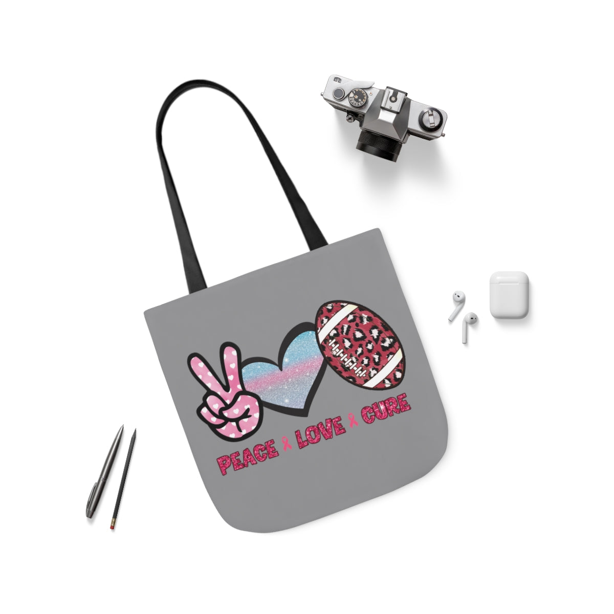 Peace Love Cure Canvas Tote Bag| Breast Cancer Tote Bag