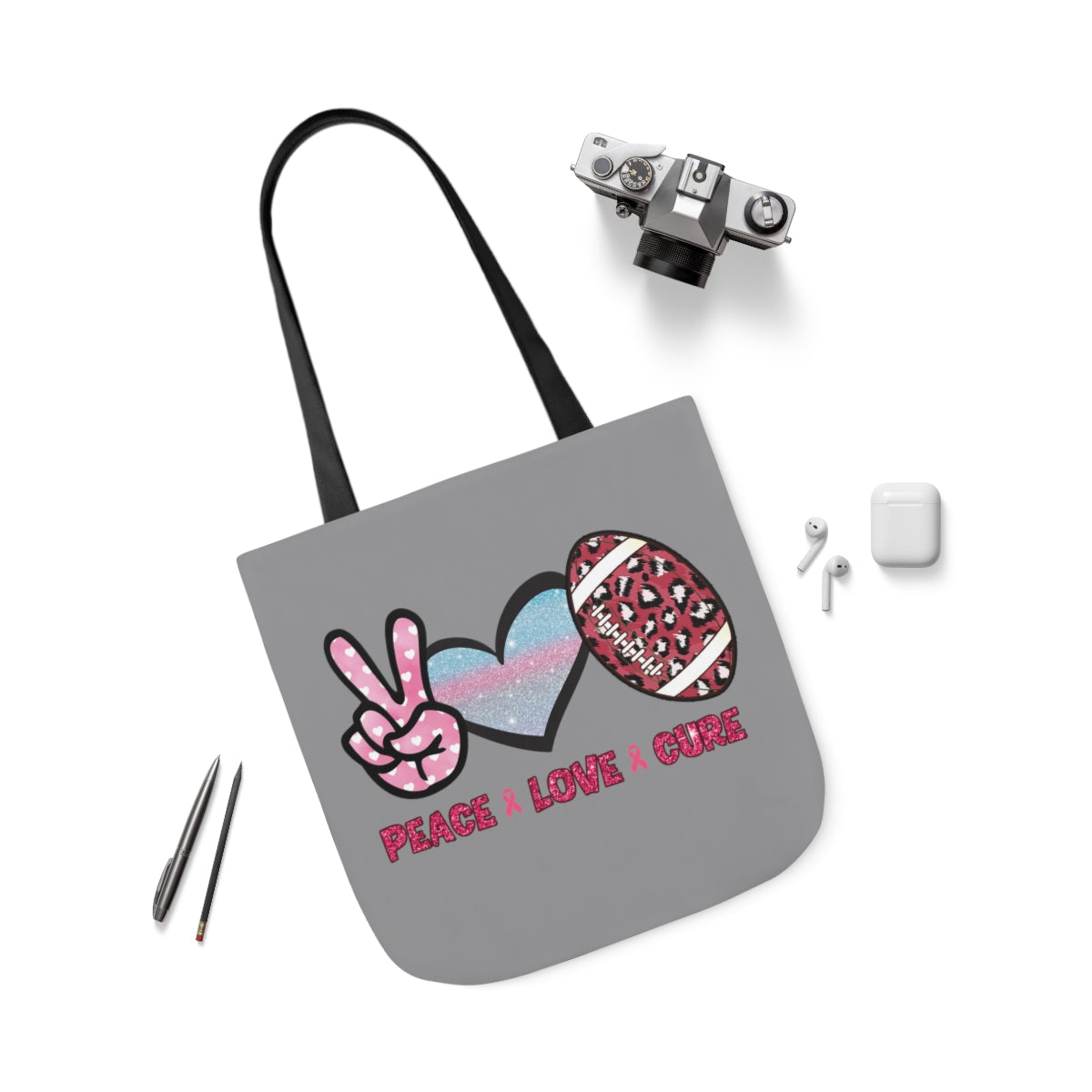 Peace Love Cure Canvas Tote Bag| Breast Cancer Tote Bag